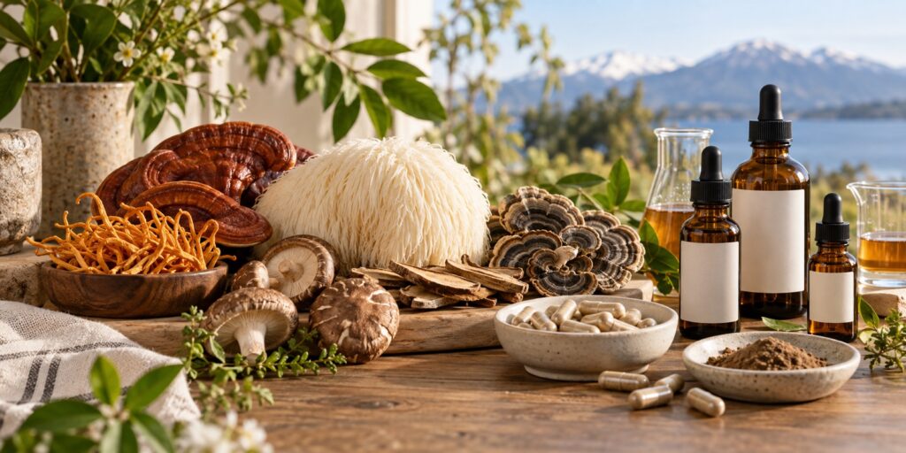 Hongos funcionales como melena de leon, reishi, cordyceps, cola de pavo y shiitake junto a capsulas y extractos liquidos